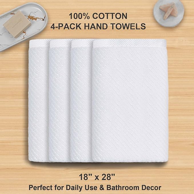 VOOVA & MOVAS White Hand Towels - 100% Cotton | Lightweight | Thick | Quick Dry | Soft | Absorbent, 4 Pack Large 18" x 28", Bath Hand Towels for Bathroom, Luxury Towel Gift Set