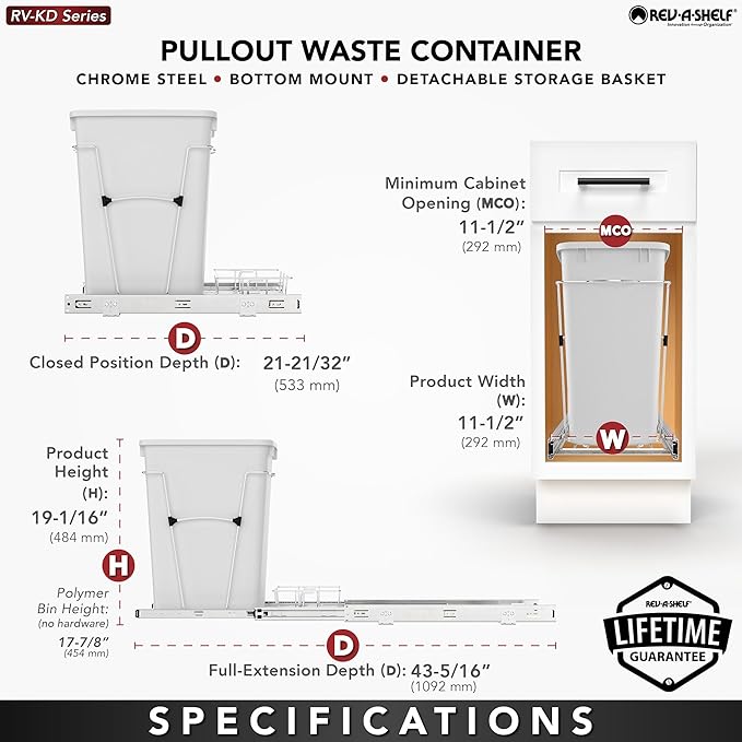 Rev-A-Shelf Pullout Trash Can for Kitchen Cabinets 35 Qt Garbage Waste Recycling Bin w/ Full Extension Slide, Metallic Silver, RV-12KD-17C S