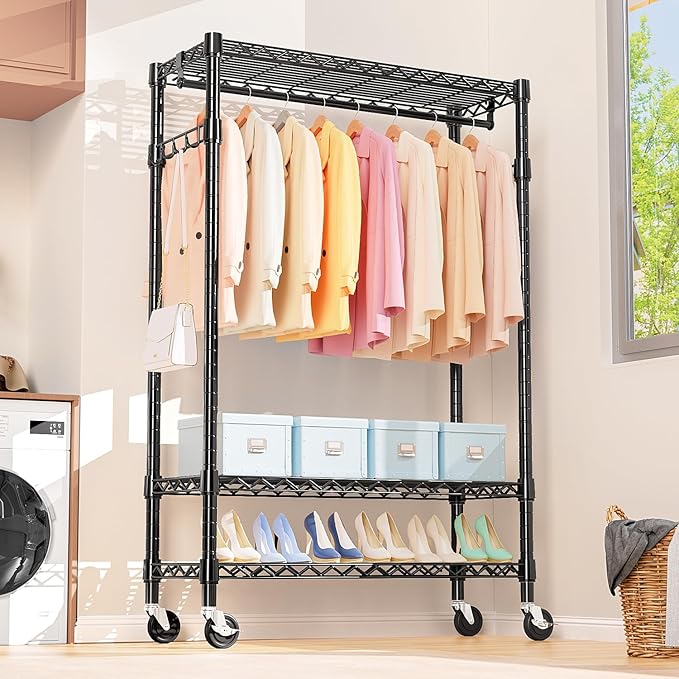 Heavy Duty Rolling Garment Rack 3 Tiers Adjustable Wire Shelving Clothes Rack with Rods and Side Hooks,Storage Closet Clothing Rack with Wheels Black 17.7" D x 47.2" W x 83.6" H