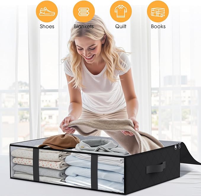 StorageRight Under Bed Storage Bins, 8-Pack 40L Foldable Fabric Storage Bags with Transparent Window, Breathable Organizer for Clothes/Blanket/Comforter/Quiltr, Black