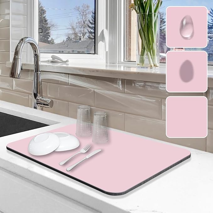 Dish Drying Mat for Kitchen Counter, 12"x19" Dish Drying Pad with Non-slip Rubber Backed, Hide Stain Anti Absorbent for Kitchen Counter, Drying Mat for Coffee Machine Dish Rack (Pink)