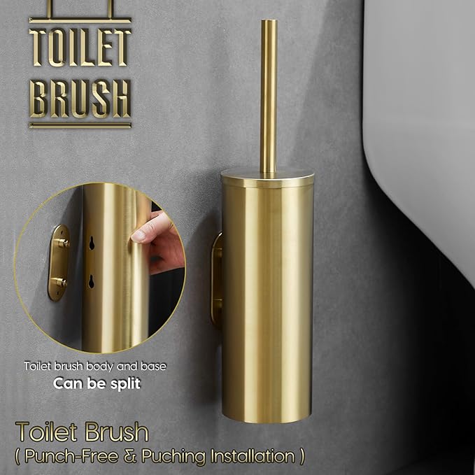 Gold Brushed Stainless Steel Toilet Brush and Cover, No-Punch Hook Base Dual Purpose Toilet Brush Holder with Removable Inner Bucket and Splash Cover - Soft Bristles (Brushed Gold)