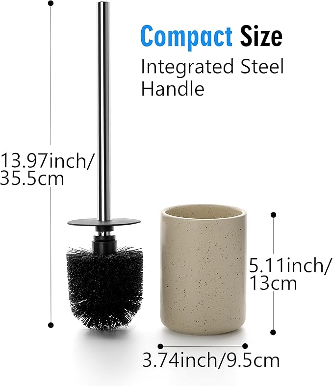 Ceramic Toilet Brush & Holder Set - Freestanding Deep-Cleaning Toilet Bowl Cleaner Brush, Stainless Steel Handle, Small & Sturdy for Storage, Easy to Clean, Non-Scratching