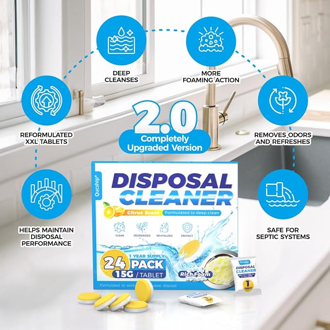 Qucship Powerful XXL Foaming Garbage Disposal Cleaner and Deodorizer Tablets - 24 Pack, Citrus Scent Garbage Disposal Cleaner, Sink Drain Clean for 1 Year Kitchen, House, Home Cleaning Essentials