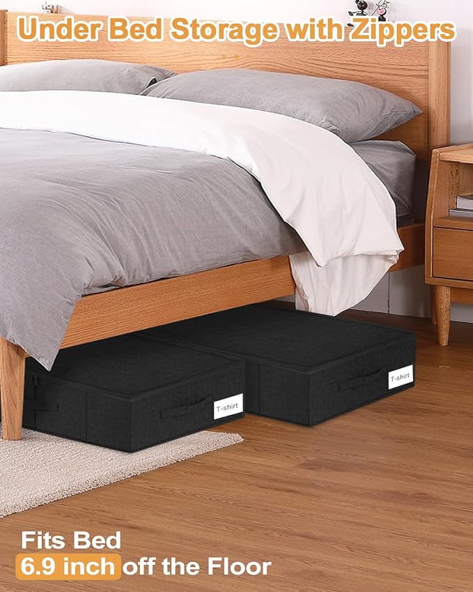 Under Bed Storage Container, 3 Pack Underbed Storage Bags With Lid, Foldable Sturdy Clothes Storage Organizer W/ 3 Handles, Ultra Thick Fabric Blanket Shoe Storage Box, 30x15x6.7inch, Black, 50L