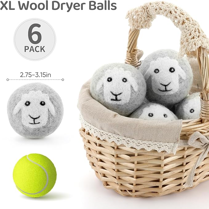 Wool Dryer Balls 6 Pack, Natural Fabric Softener, Dryer Balls Laundry Reusable, Reduces Clothing Wrinkles and Saves Drying Time (Gray)
