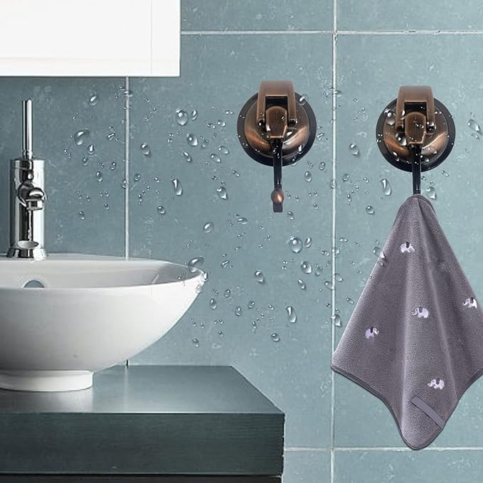 Suction Cup Hooks Heavy Duty Vacuum Suction Shower Hooks Glass Suction Cup Hooks Bathroom Robe Hooks Reusable, No Hole Punched, for Garland Decoration (Antique Brass, 4 Pack)