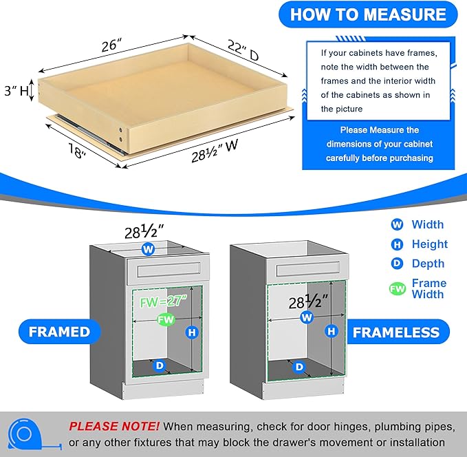 WelFurGeer Soft Close Pull Out Cabinet Organizer, 26" W x 22" D Pull Out Drawer for Cabinet, Bottom Mount Pull Out Drawers for Kitchen Cabinets, Smooth Slide-Out Shelves for Home Kitchen Organization