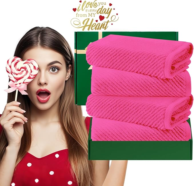 VOOVA & MOVAS Bathroom Hand Towels Set of 4, Large 18"x28" - 100% Cotton | Quick Dry | Light Weight | Thick | Soft | Absorption, Luxury Hand Towels for Showering, Hot Pink Bathroom Decor