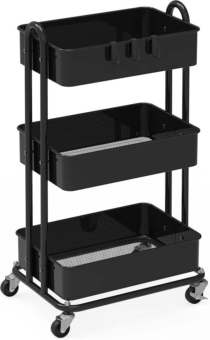 Simple Houseware 3-Tier Heavy Duty Metal Utility Rolling Cart, Black