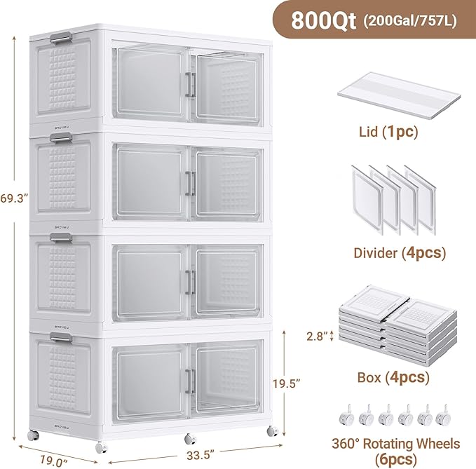 BROVIEW 69.3"H 200Gal Plastic Storage Bins with Lid & Wheels,4Pack Extra Large Stackable Storage Bins with Dividers,Closet Organizers and Storage Cabinet Collapsible Box Shelves for Home Kitchen,White