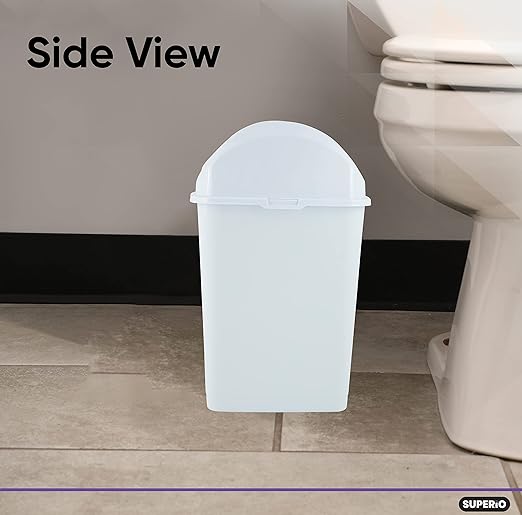 Superio Small 2.5 Gallon Plastic Trash Can with Swing Top Lid, Compact Slim Waste Bin for Under Desk, Office, Bedroom, Bathroom, Dorm Room, 10 Qt. Portable Garbage Can (White)