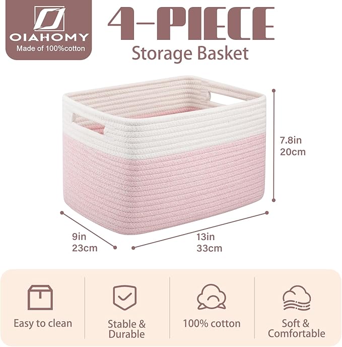 OIAHOMY 4 Pack Storage Baskets for Organizing, Basket for Shelves with Handle, Woven Baskets for Storage Toys, Towels, Books, Cotton Rope Basket 13" L x 9 " W x 7.8 " H, Pink & White