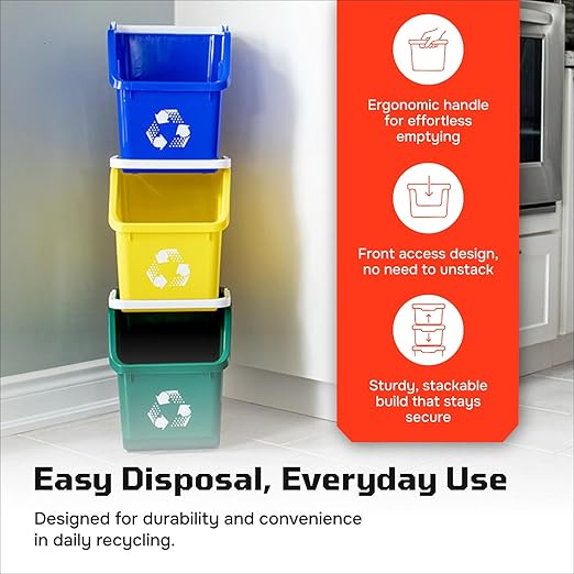 Multi Bin Recycling System with Three Stackable 6 Gallon Recycle Bins to Build Your Recycling Center for Offices, Kitchen, Garages, Businesses - (3 Pack, Blue/Yellow/Green)