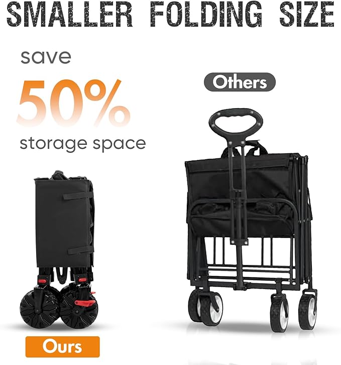 PORTAL Collapsible Wagon with Brakes, Heavy Duty Utility Cart with All-Terrain Wheels, Portable Folding Wagons for Camping, Beach, Garden, Shopping, and Groceries