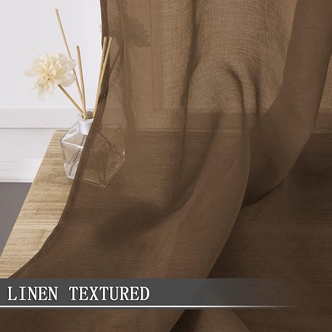 Tollpiz Sheer Curtains Linen Textured Living Room Curtain Sheers Light Filtering Rod Pocket Voile Curtains for Bedroom, 42 x 63 inches Long, Brown, Set of 2 Panels