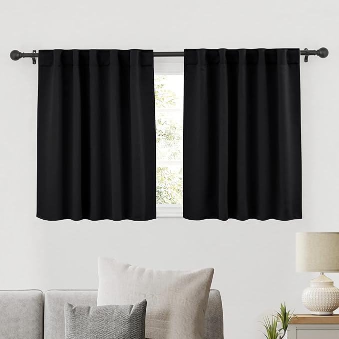RYB HOME Short Black Curtains for Bedroom, Blackout Thermal Insulated Curtain Tiers Small Window Treatment Privacy Shades for Kitchen Farmhouse Closet, W42 x L36 inch, 2 Panels