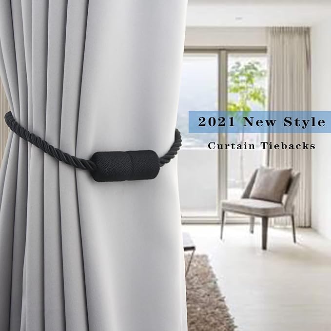 2 Pack Black Strong Magnetic Curtain Tiebacks Outdoor Elegant Decorative Tie Backs Modern Rope Tiebacks for Drapes Window Curtain Holdbacks for Draperies