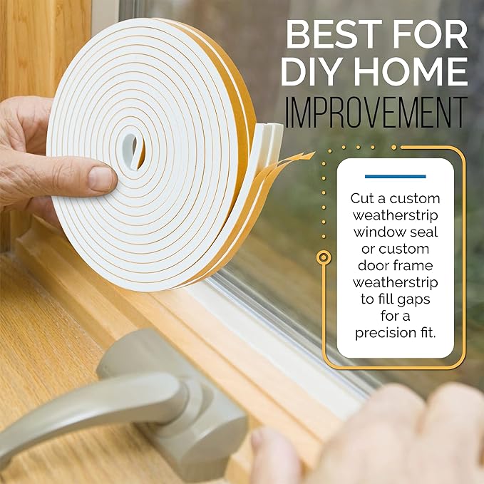 High Density Foam Weather Stripping Door Seal Strip Insulation Tape Roll for Insulating Door Frame, Window, Air Conditioner | Self Adhesive Sealing Weatherstrip (White, 1/2 in x 1/2 in x 30Ft)
