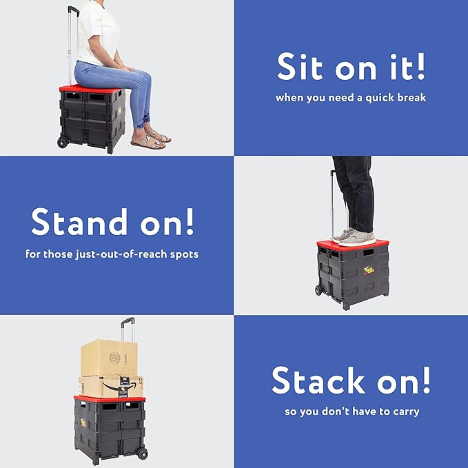 dbest products Quik Cart Collapsible Rolling Crate on Wheels for Teachers Tote Basket 80 lbs Capacity, Made from Heavy Duty Plastic and used as a Seat, Standard, Red