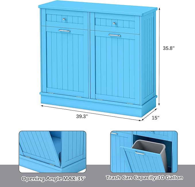 Betterhood Tilt Out Trash Cabinet 10 Gallon Wooden Free Standing Laundry Sorter Cabinet,Recycling Cabinet with Hideaway Drawer,Tilt Out Trash Cabinet Can Bin Kitchen (Double Light Blue, Double Door)