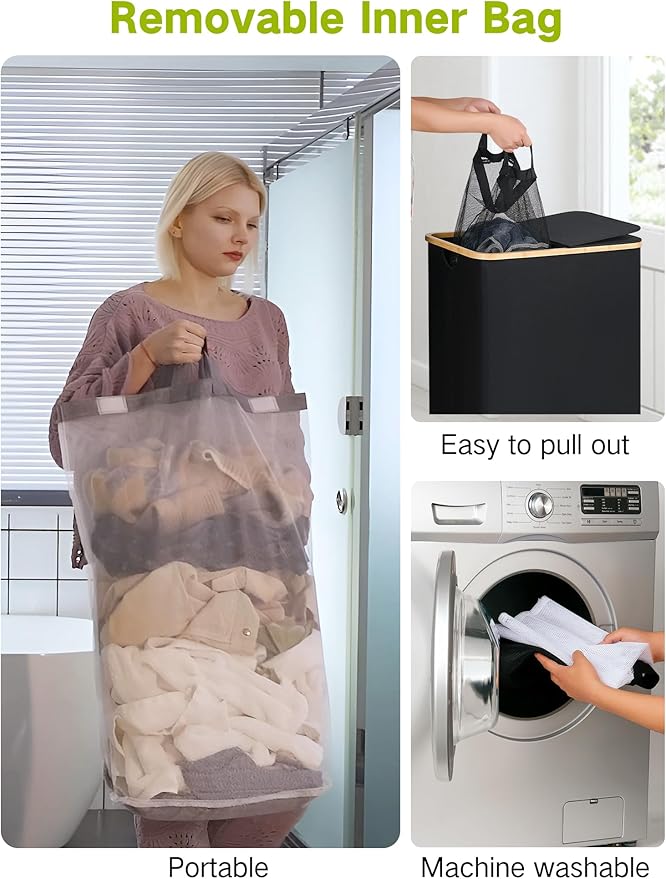 efluky Double Laundry Hamper with Wheels, Divided Laundry Hamper with Removable Bags, 2 Section Dirty Clothes Basket with Handles for Bathroom, Bedroom & Laundry Room, 160L Dark Black