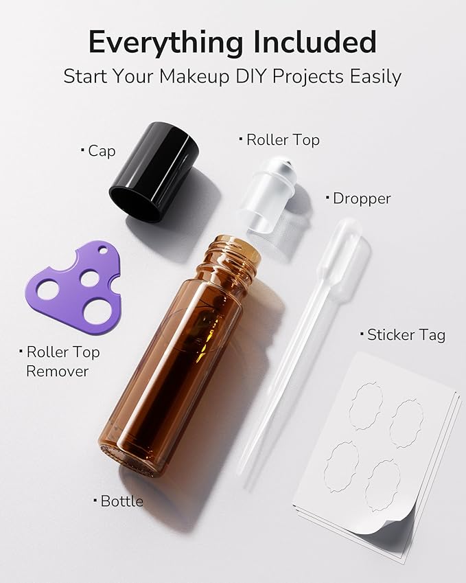 ULG 24-Pack Essential Oil Roller Bottles 10ml, Empty Bottles with Stainless Steel Roller Balls and Waterproof Labels, Amber Roller Balls For Essential Oils