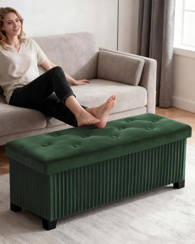 Storage Ottoman Bench, 43 Inch Foldable Ottoman with Legs, Velvet Foot Rest Stool, End of Bed Bench, Storage Chest for Living Room, Bedroom (Green)