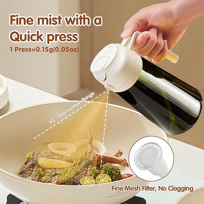 YARRAMATE 16oz/470ml Light-Blocking Dark Oil Sprayer for Cooking, 2 in 1 Olive Oil Dispenser Bottle for Kitchen, Premium Dark Green Glass Oil Bottle, Food-Grade Oil Mister for Air Fryer, BBQ (White)