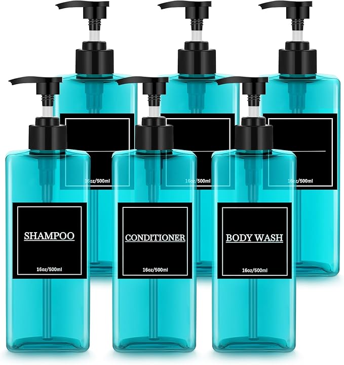Tanlade 6 Pieces Shampoo and Conditioner Dispenser Bottles 16oz Modern Shower Soap Bottles with Pump, Labels and Marker Pen Easy to Refill Body Wash Dispensers for Home Bathroom Decoration