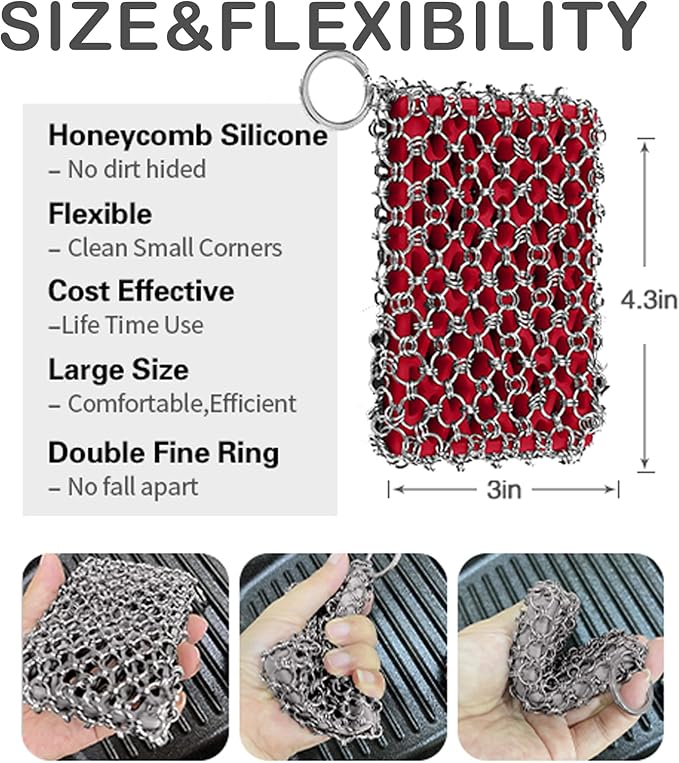 Herda 316L Cast Iron Scrubber Cleaner, Large Cast Iron Chain Mail Scrubber - Chainmail Scrubber Sponge - Metal Skillet Scrubbing, Wok, Dutch Oven Cleaning Kit