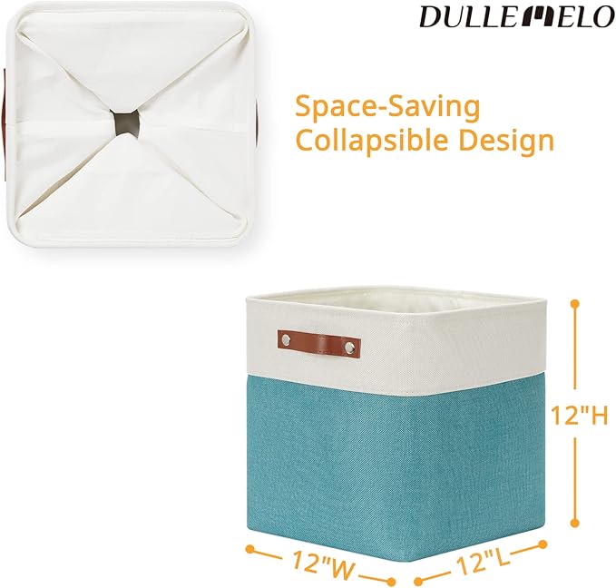 DULLEMELO Square Storage Cubes Baskets for Gifts Empty, 12 inch Cube Stroage Bins Linen Closet Organizers and Storage Baskets for Toy Nursery Shelves Bedroom Storage(4 Pack - 12" White&Teal)