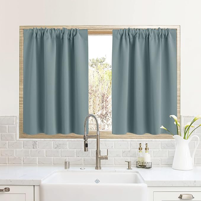 RYB HOME RV Camper Door Window Curtains -Blackout Privacy Curtains & Drapes for Bathroom Bedroom Kitchen Portable Travel Trailer Small Window Decor, W 34 x L 24, Dusty Blue, 2 Panels