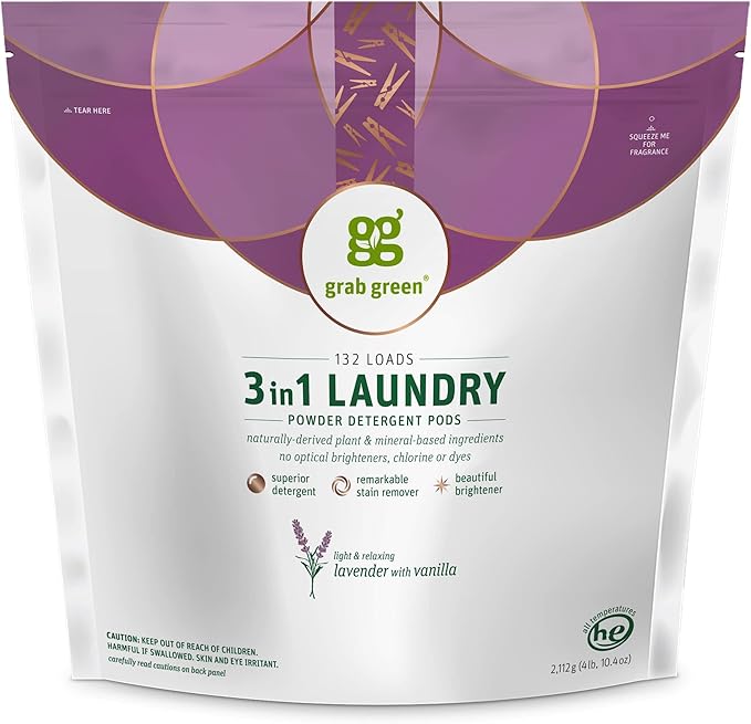 Grab Green 3-in-1 Laundry Detergent Pods, 132 Count, Lavender Vanilla Scent, Plant and Mineral Based, Superior Cleaning Power, Stain Remover, Brightens Clothes