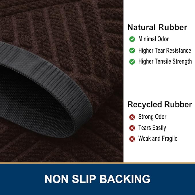 Smiry Front Door Mat Outside Entrance, Heavy Duty Outdoor Indoor Natural Rubber Doormat, Non Slip, Trap Dirt and Moisture, Easy Clean, Low Profile Patio Porch Entryway Mat, 29.5x17, Pure Brown