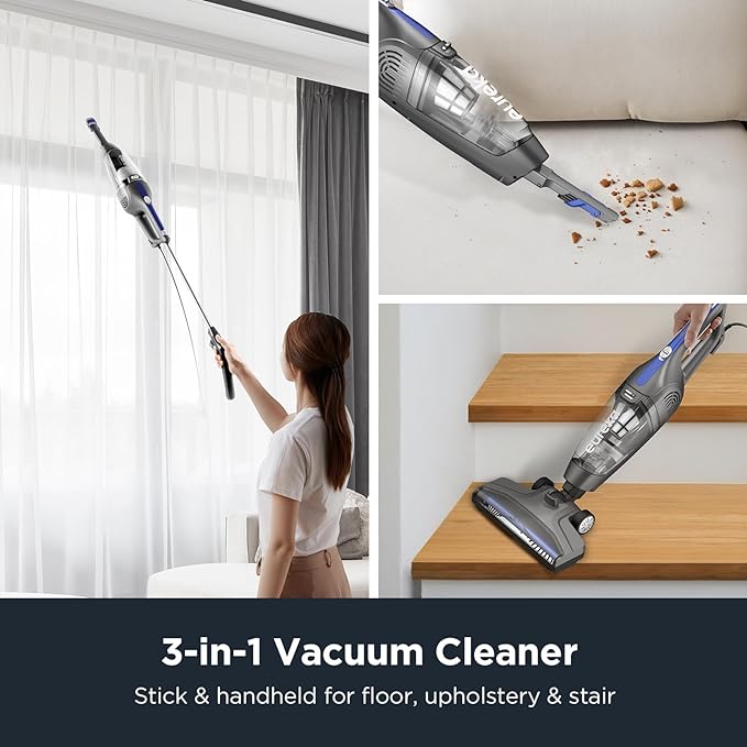 Eureka Corded Stick Vacuum Cleaner for Home Pet Hair, Lightweight Stick Vacuum Cleaner with Powerful Suction for Carpet Tile and Hard Floor, Blue, 3-in-1 Handheld Vac NES312