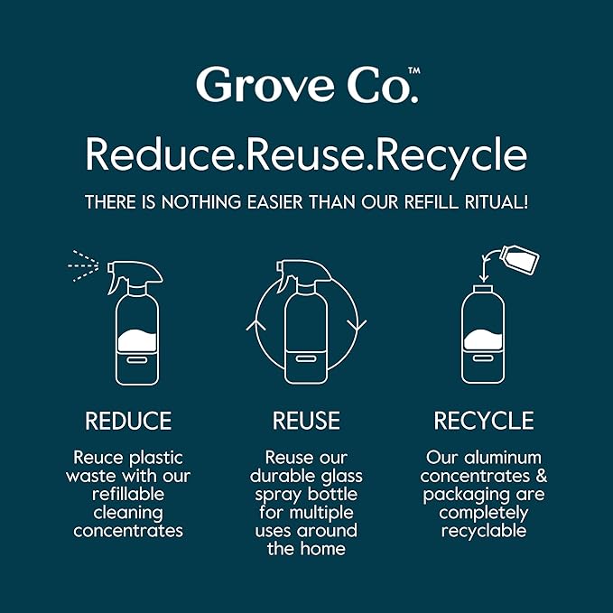 Grove Co. Tub and Tile Cleaner Refill Concentrate (2 x 1 Fl Oz) + 1 x Reusable Glass Spray Bottle (16 Oz) Plant-Based Cleaning Supplies Bundle, No Plastic Waste, 100% Natural Orange & Rosemary Scent
