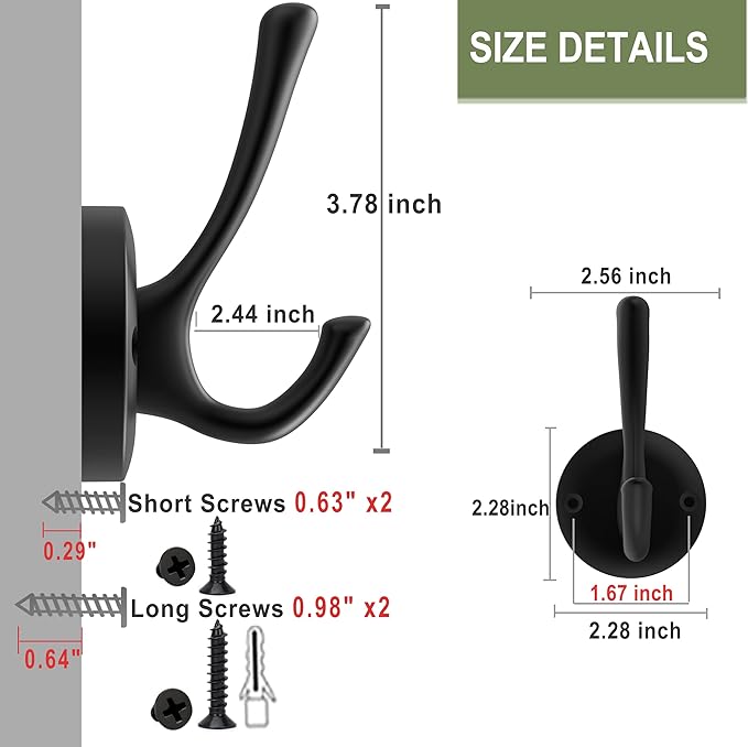 Black Wall Hooks Towel Hooks, 3 Pack Coat Hooks Robe Hook Heavy Duty Metal Double Bath Hook Wall Mounted, Hand Towel Hooks for Entryway Bathroom Kitchen Closet Garage