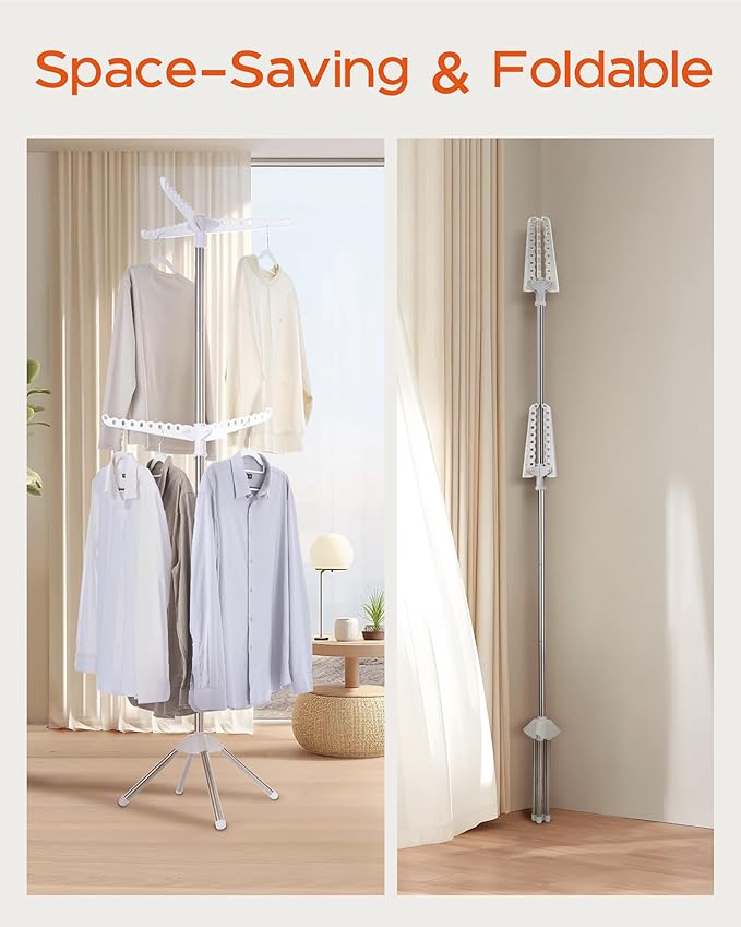 Clothes Drying Rack Foldable, 74.8 inch 2 Tier Laundry Drying Rack with Rotating Clothes Rail for 54 Pieces of Clothes, Space Saving, Indoor, Stainless Steel, White and Silver CDR002W01