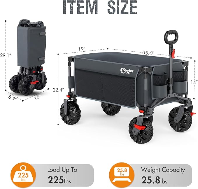 PORTAL Collapsible Wagon with Brakes, Heavy Duty Utility Cart with All-Terrain Wheels, Portable Folding Wagons for Camping, Beach, Garden, Shopping, and Groceries