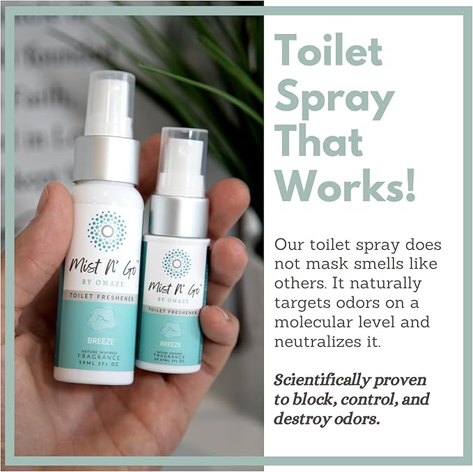 Mist N’ Go by Omaze Travel Bathroom Spray for Toilet Spray Odor Eliminator - Travel Toilet Spray for Bathroom Air Freshener Spray for Bathroom Deodorizer - Breeze Regular Size (2oz x5)