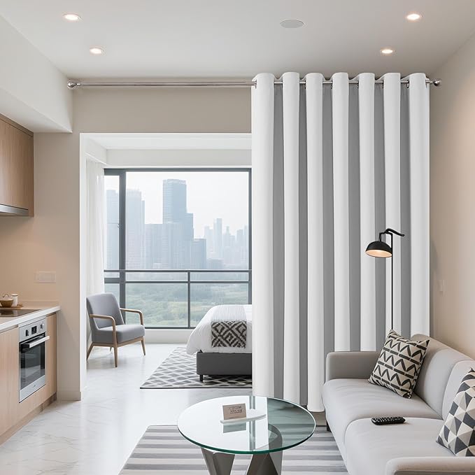 Joydeco Blackout Patio Sliding Door Curtains 90 Inches Long, Grommet Privacy Room Divider Curtains, Extra Wide Thermal Blackout Drapes for Bedroom Living Room (Greyish White, 70Wx90L, 1 Panel)