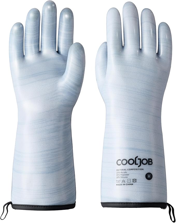 COOLJOB Heat Resistant Oven Gloves, Waterproof Liquid Silicone BBQ Grilling Gloves for Barbecue, Kitchen Cleaning, Baking, Blue, Medium