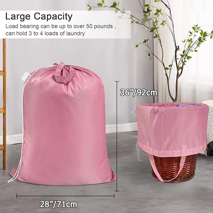 Polecasa Heavy Duty Large Laundry Bag with 130gsm Tear Resistant Fabric and Handles, Easy to Carry Durable Dirty Clothes Drawstring Bag, Perfect for College Dorm, Travel, 2 Pack 28”x36”, Pink