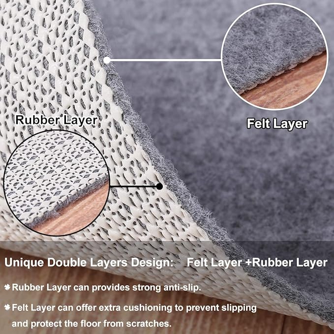 Non Slip Rug Pad Grippers - Round 8x8, 1/8" Thick, (Felt + Rubber) Double Layers Area Carpet Mat Tap, Provides Protection and Cushioning for Hardwood or Tile Floors