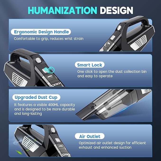 Handheld Vacuum Cordless, 15000PA Strong Suction Hand Held Car Vacuum Cleaner Portable with Multi-Nozzles & Washable Filter, Lightweight Dust Busters Rechargeable for Home, Car, Office, Pets