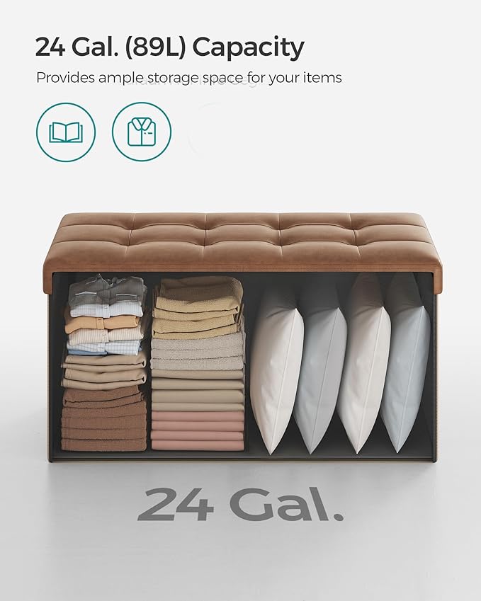 SONGMICS MAZIE Collection - 30 Inches Storage Ottoman Bench with Flipping Lid, Storage Chest Footstool, Load 660 lb, for Entryway, Living Room, Bedroom, Synthetic Leather, Coffee Brown ULSF045K01
