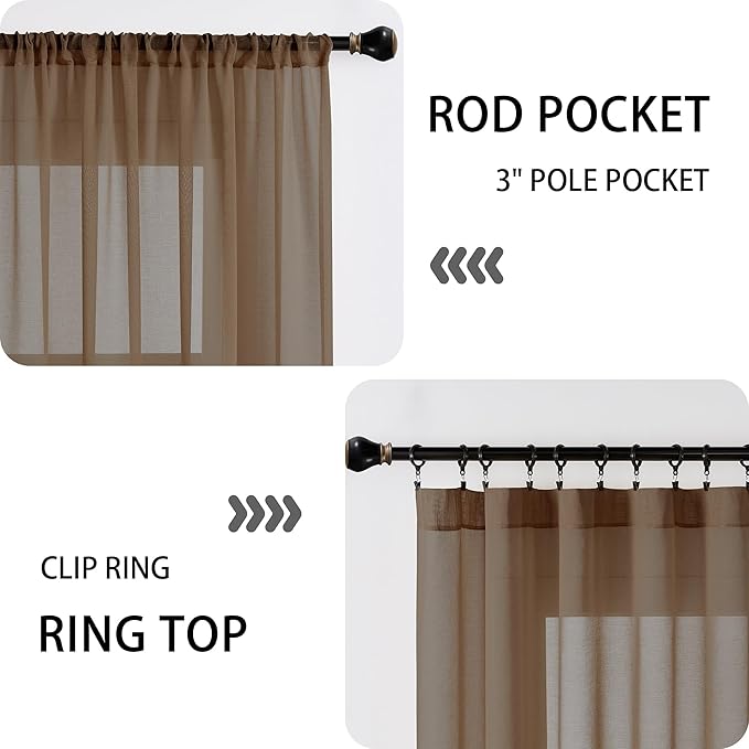 Tollpiz Short Sheer Door Curtain Closet Linen Textured Curtain Sheers Doorway Light Filtering Voile Patio Glass Door Rod Pocket Curtains French Door, 54 x 54 inches Long, Brown, Set of 1 Panel