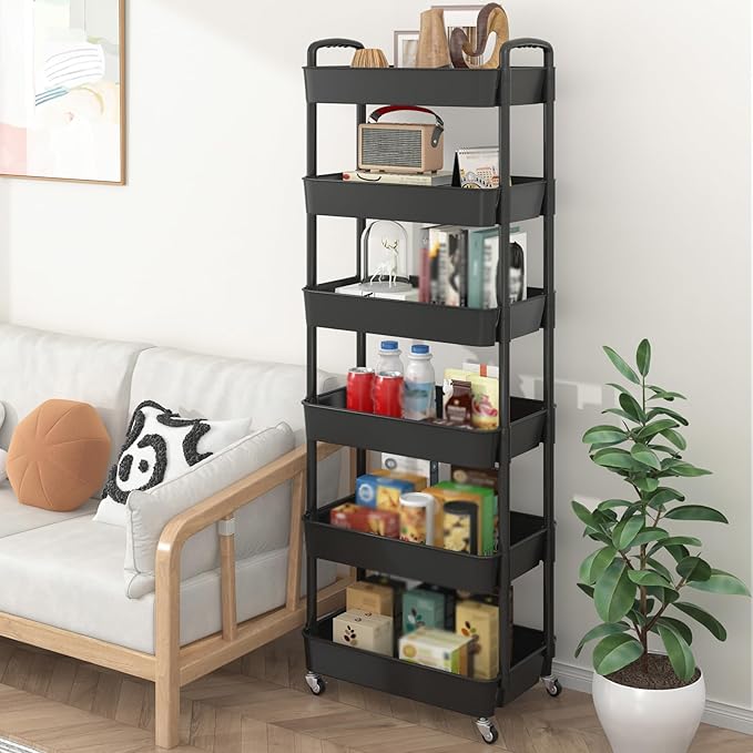Sywhitta 6-Tier Plastic Rolling Utility Cart with Handle, Multi-Functional Storage Trolley for Office, Living Room, Kitchen, Movable Storage Organizer with Wheels, Black