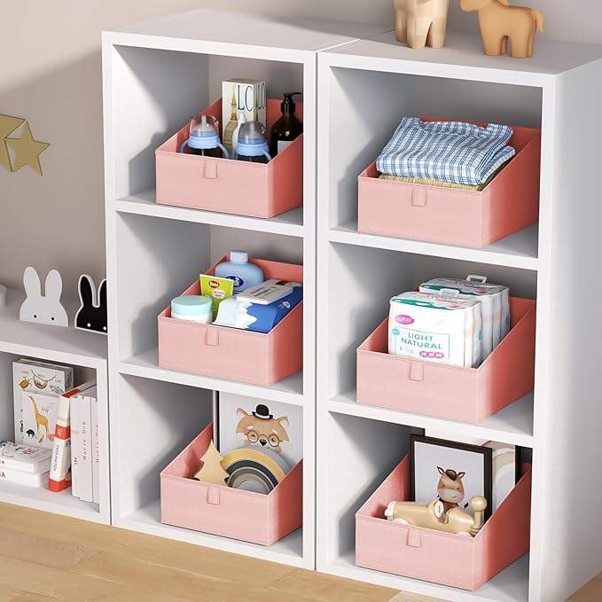DIMJ Closet Storage Bins 8 Pack - Fabric Trapezoid Closet Organizer Bin, Foldable Storage Baskets for Shelves, Closet Shelf Organizer, Clothing Storage Box for Toys, Books, Towel, Clothes, Pink